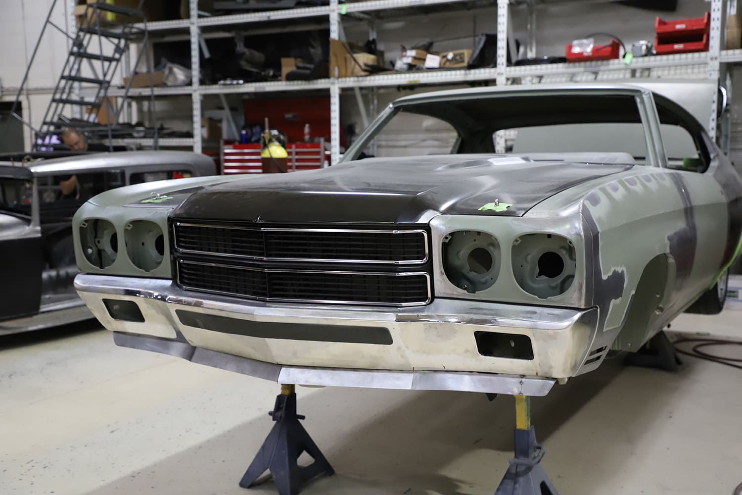 06 1970 Chevelle front clip test fit with custom smoothed bumper and black grille