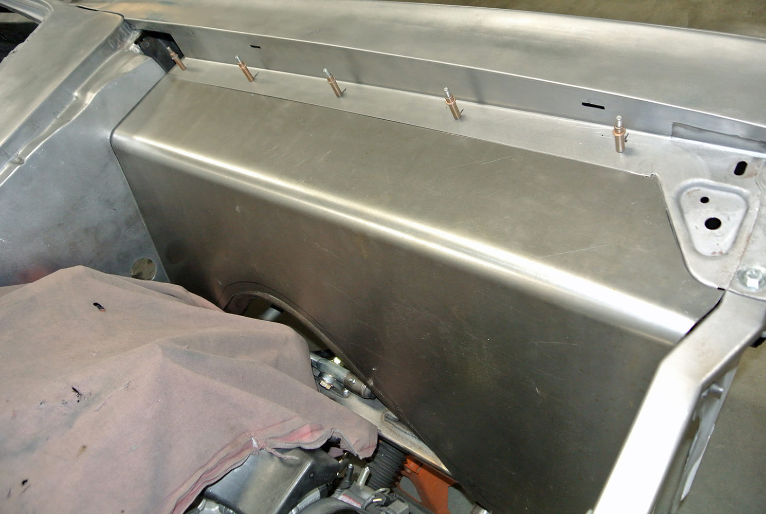 08 Passenger side smooth inner fender with Cleco fasteners in place for mock fitting