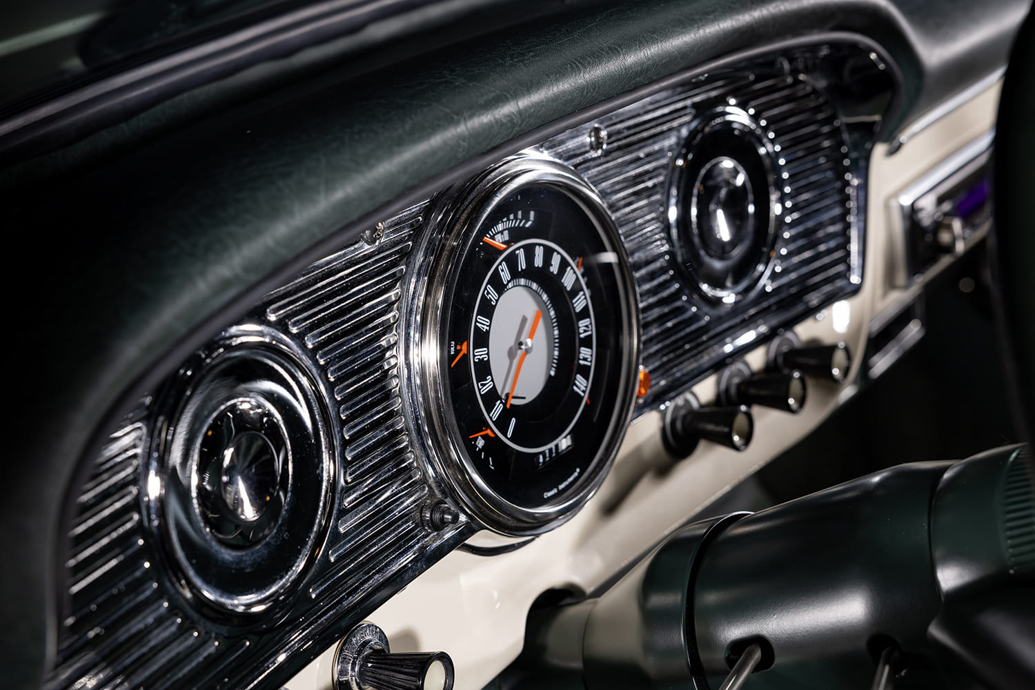 09 1966 Ford F 100 dash close up factory gauges chrome trim