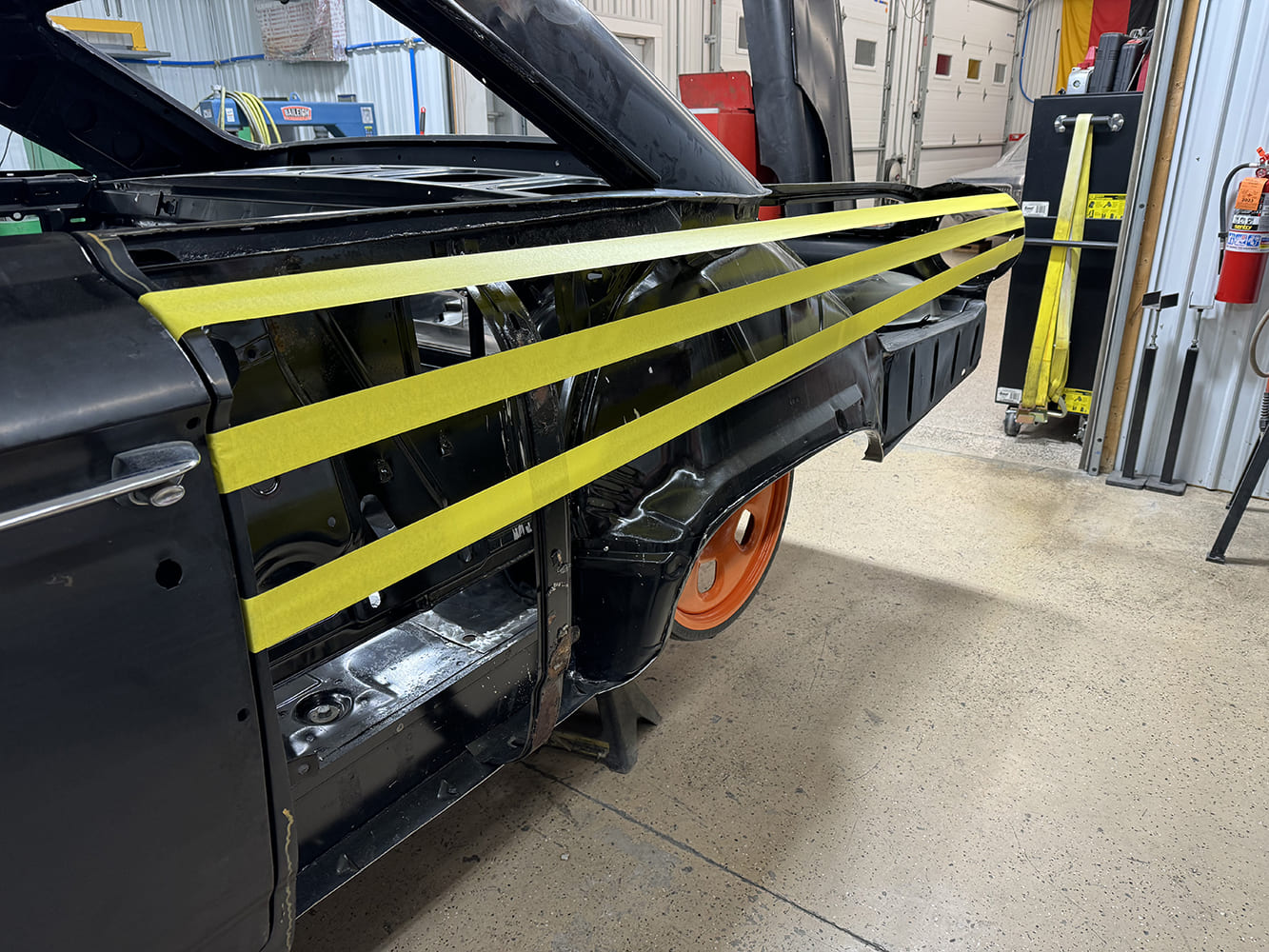09 Body line alignment using tape reference on 1963 Galaxie during sheet metal fitting