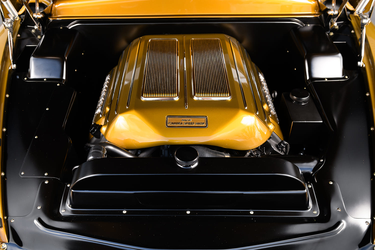 10 1951 Mercury Custom engine bay with custom gold Camaro Speed Shop air cleaner