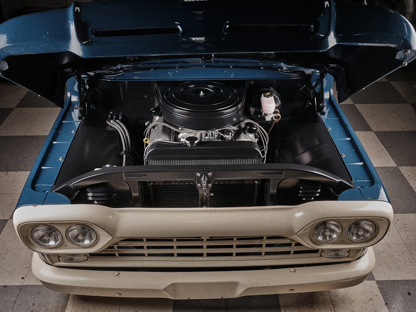 10 1960 Ford F 250 custom engine bay modern V8 swap clean tuck resto mod build