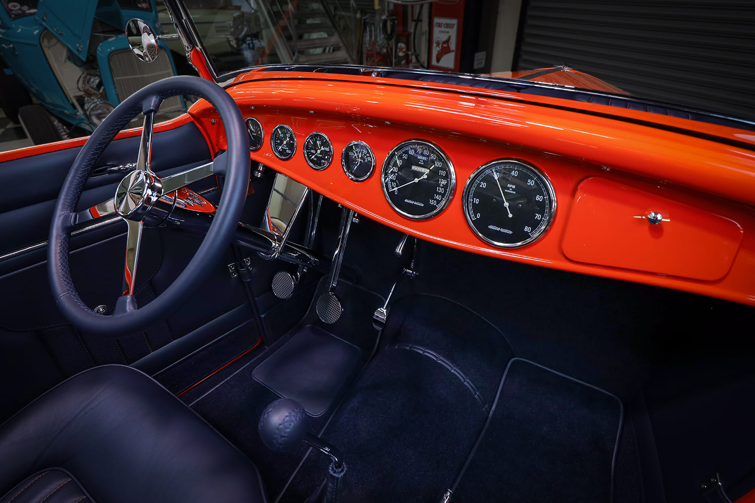 11 1932 Ford Roadster dash Stewart Warner gauges black face chrome trim