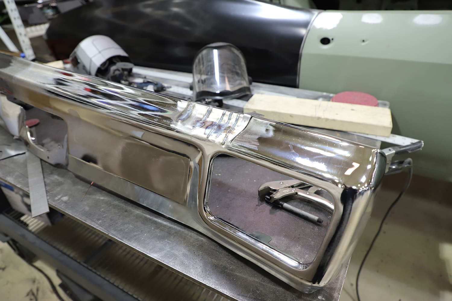 11 1970 Chevelle custom rear bumper polished with reshaped corners and filler delete