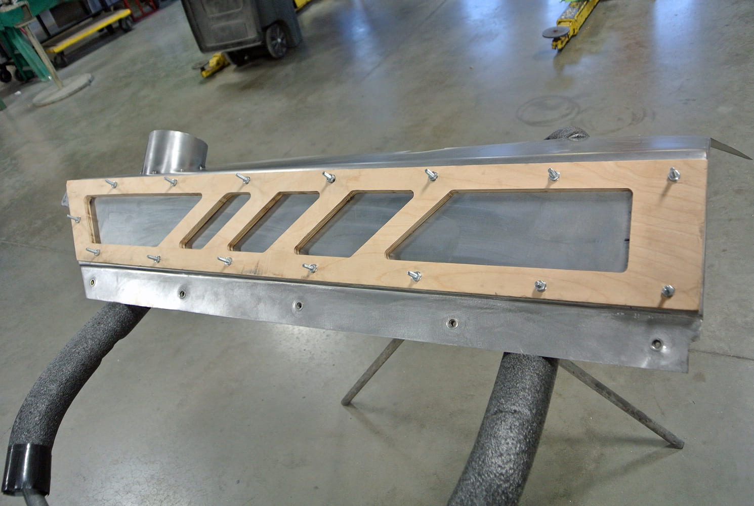 11 Custom cowl vent panel mock up for 1971 Plymouth Duster using a wood template and aluminum base