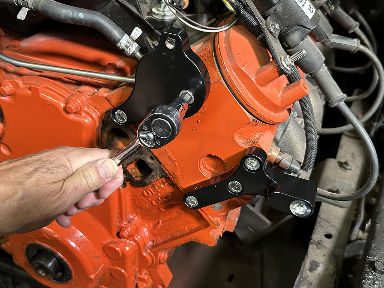 11 Driver side Billet Specialties mounting bracket torqued in place for power steering setup