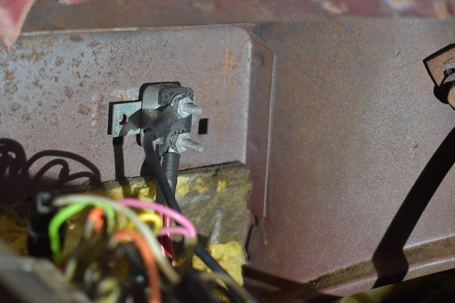 11 Firewall mounted stud junction block typical for routing high amp feeds in 1960 Dodge rewiring setups