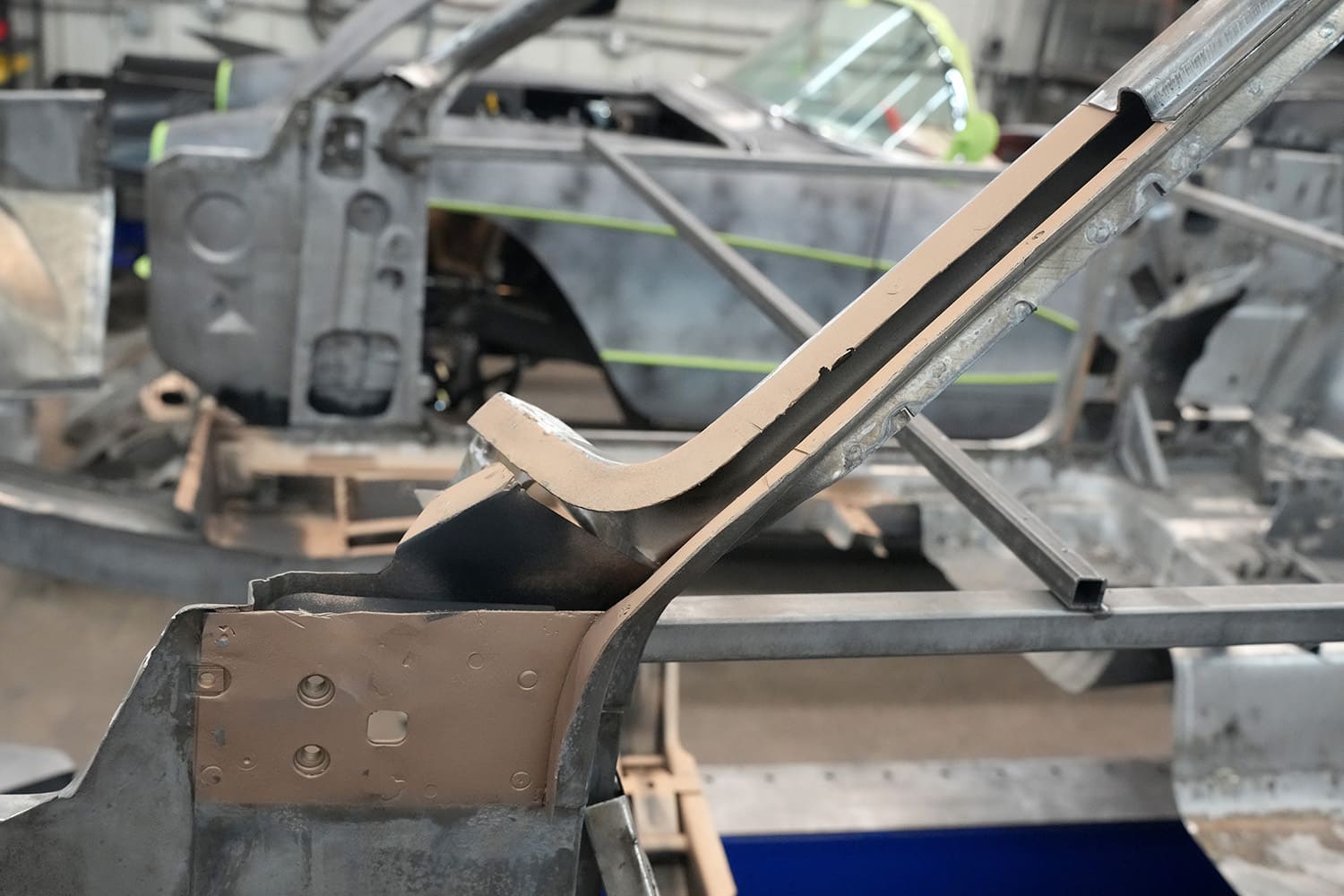 11 Welded in and epoxy primed A pillar section completes structural repair on 1971 Challenger body shell