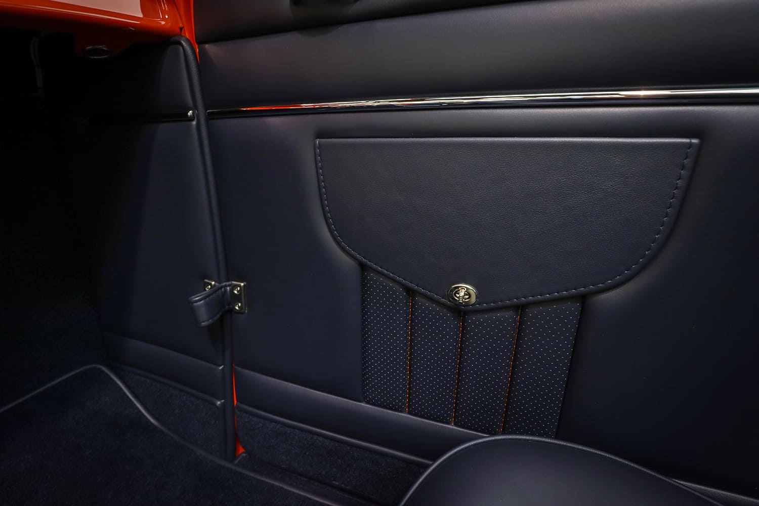 13 1932 Ford Roadster door panel navy leather orange stitch detail