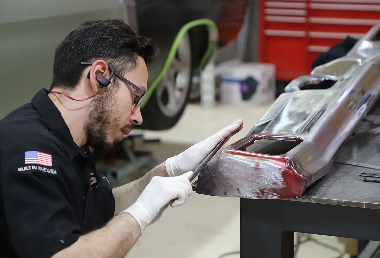 13 Detail shaping of 1970 Chevelle rear bumper using body file for smooth contouring