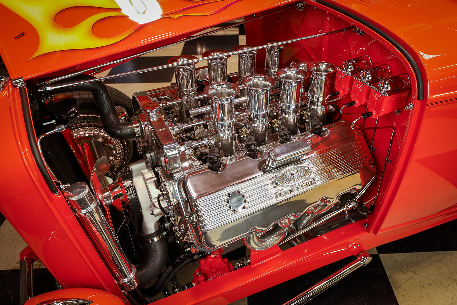 14 1932 Ford Roadster engine bay Ford Racing valve covers polished stacks