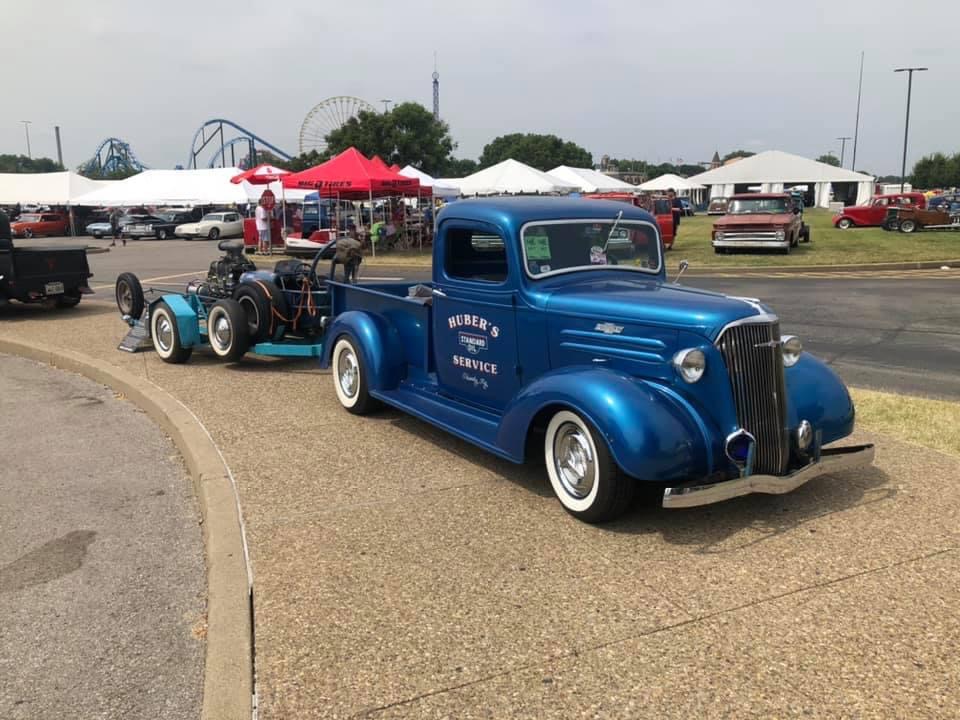 14 1937 chevy pickup towing 1960 dragmaster