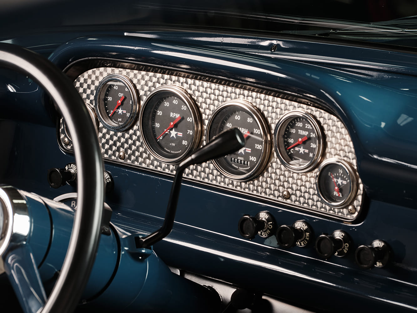 14 1960 Ford truck dash Classic Instruments gauge cluster engine turned bezel blue interior restoration