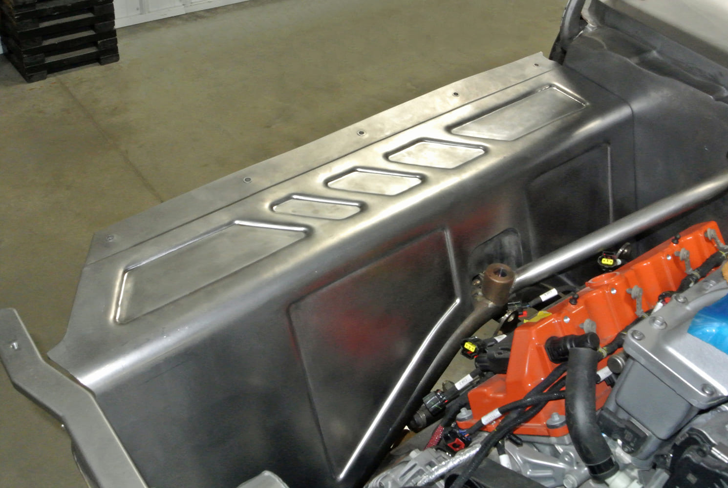 15 Installed cowl panel on Duster showing finished bead rolls and flush fitment