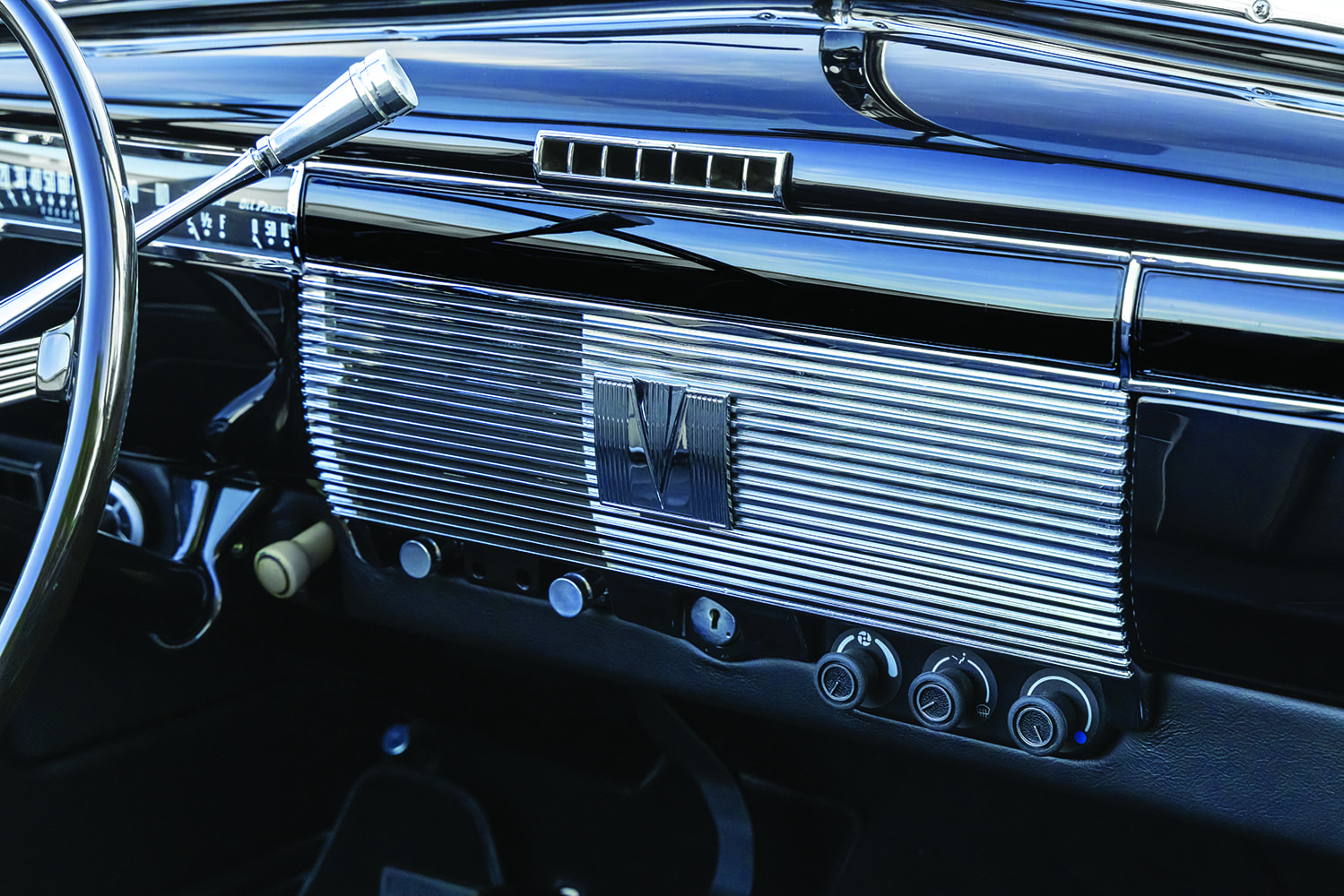 16 1939 Cadillac dash showing linear gauge cluster with temperature fuel and oil pressure
