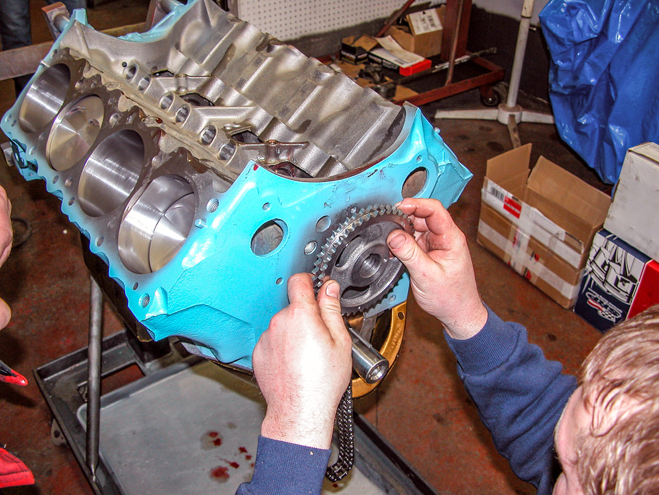 16 Timing gear being installed on Pontiac 428 camshaft for proper valve timing