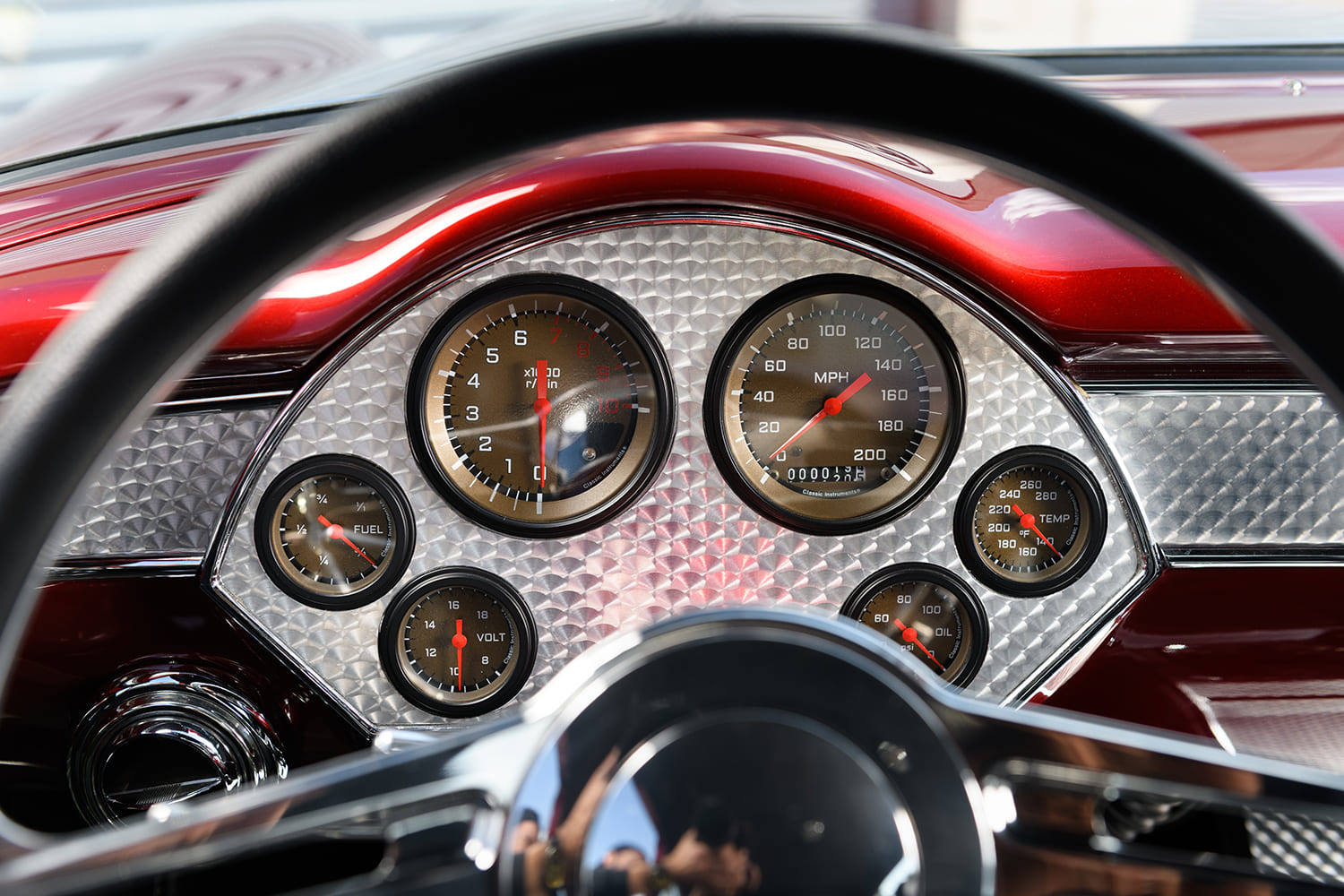 17 1955 Chevy Custom Gauge and steering wheel red dash custom interior