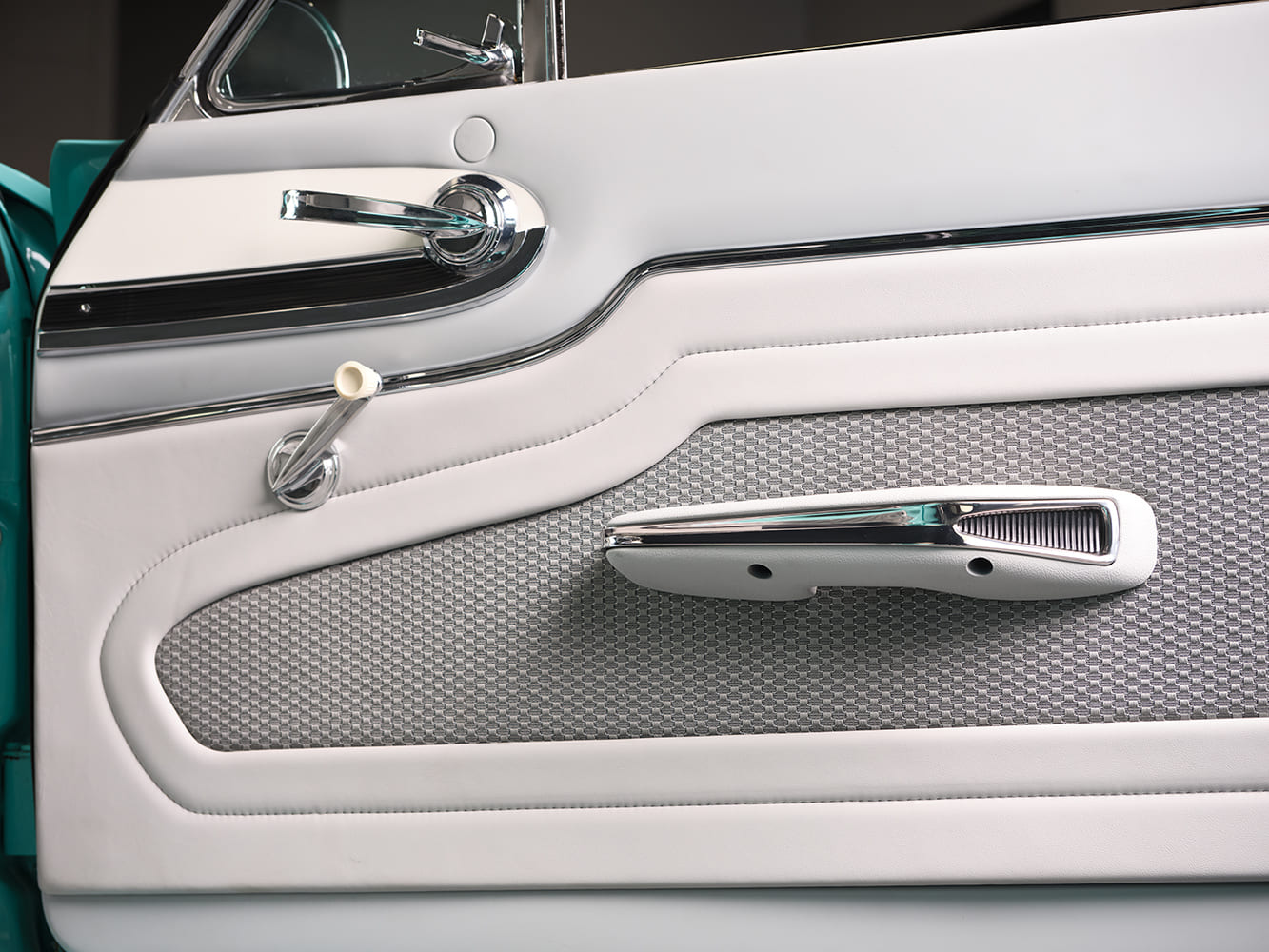 17 1963 Ford Falcon door panel with houndstooth insert chrome handles and ivory cranks