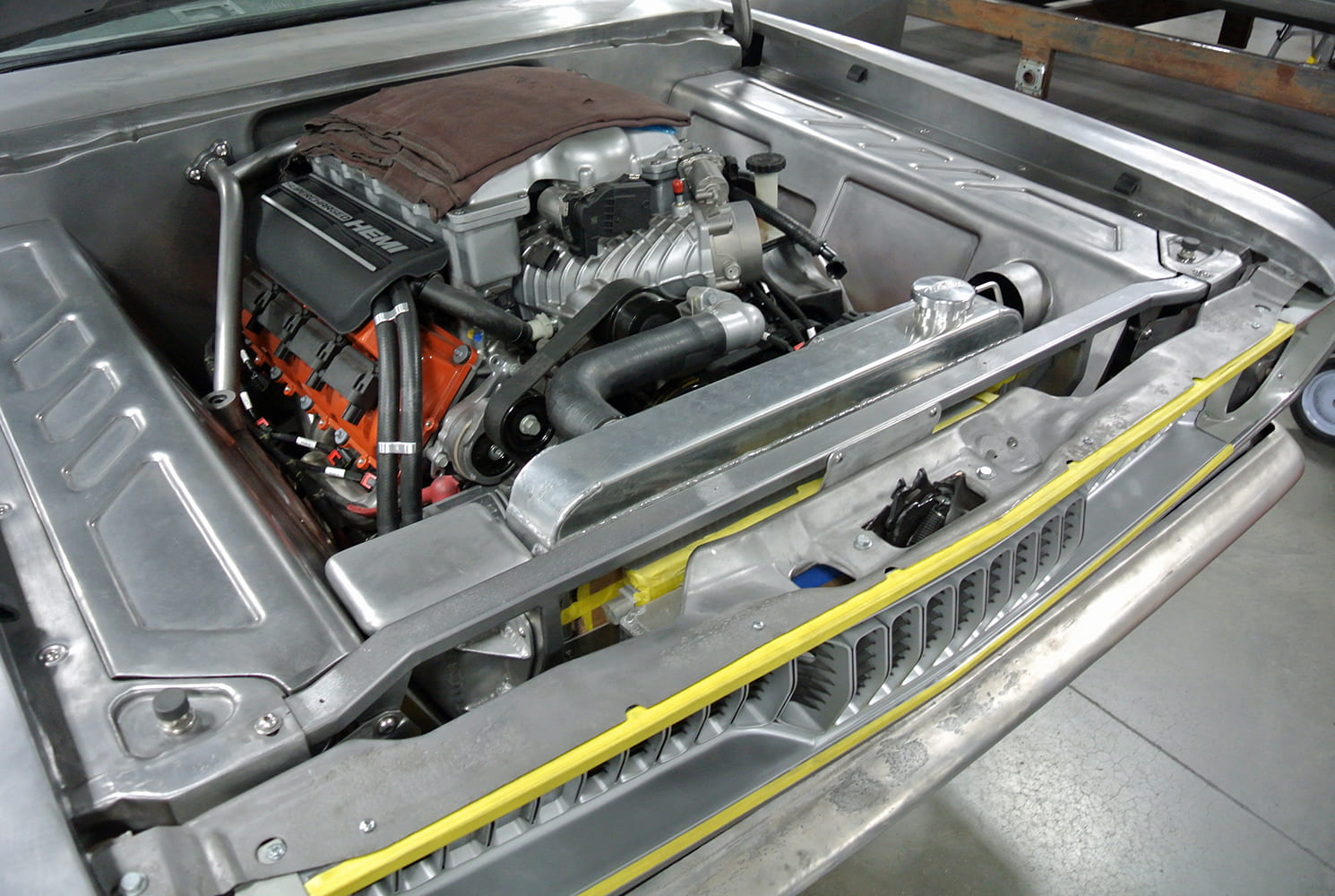 17 Engine bay mocked up with supercharged Gen III HEMI and full bead rolled metalwork