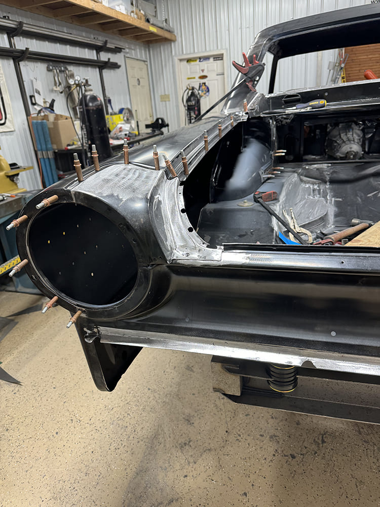 17 Rear tail section alignment on 1963 Galaxie with cleco clamped quarter and trunk rail