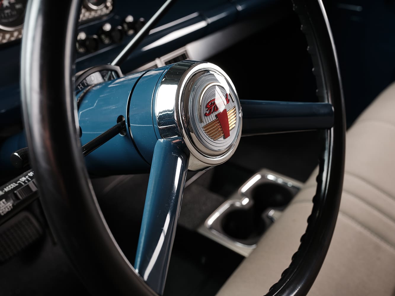 18 1960 Ford steering wheel close up blue column horn button Ford crest custom resto mod setup