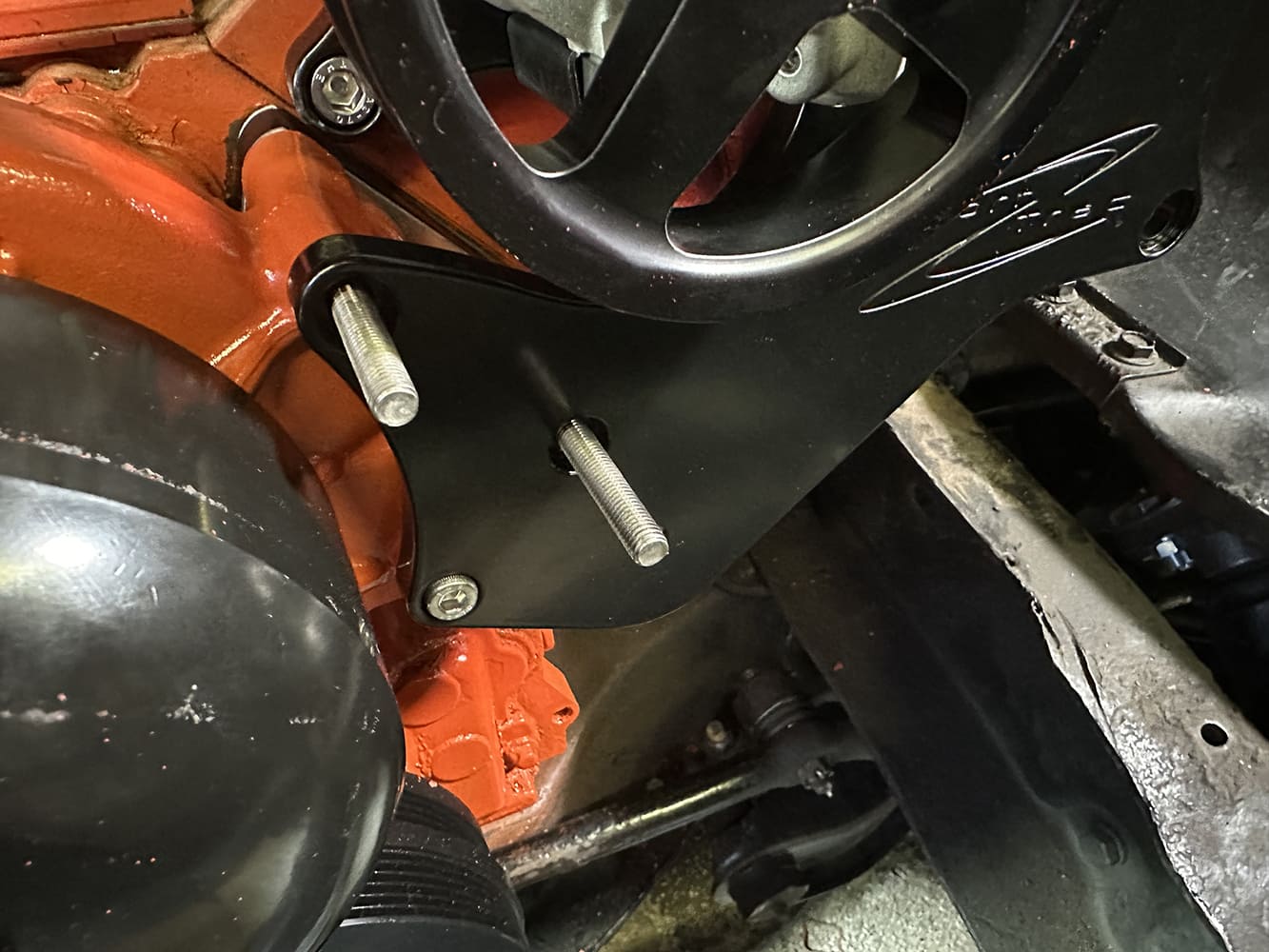 18 Alternator bracket from Billet Specialties installed onto LS front cover