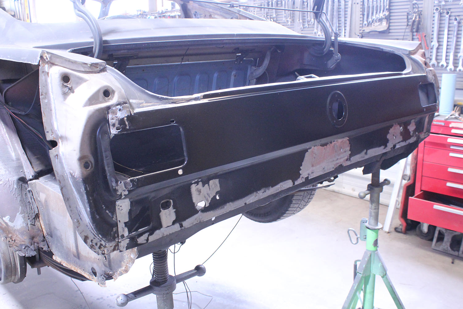 19 smoothing welds and filler on new 1965 mustang tail panel