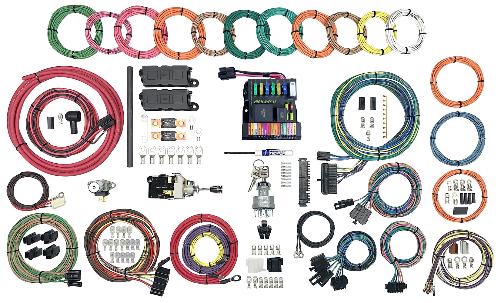 20 American Autowire Highway 15 series wiring kit with labeled fuse panel and color coded wiring