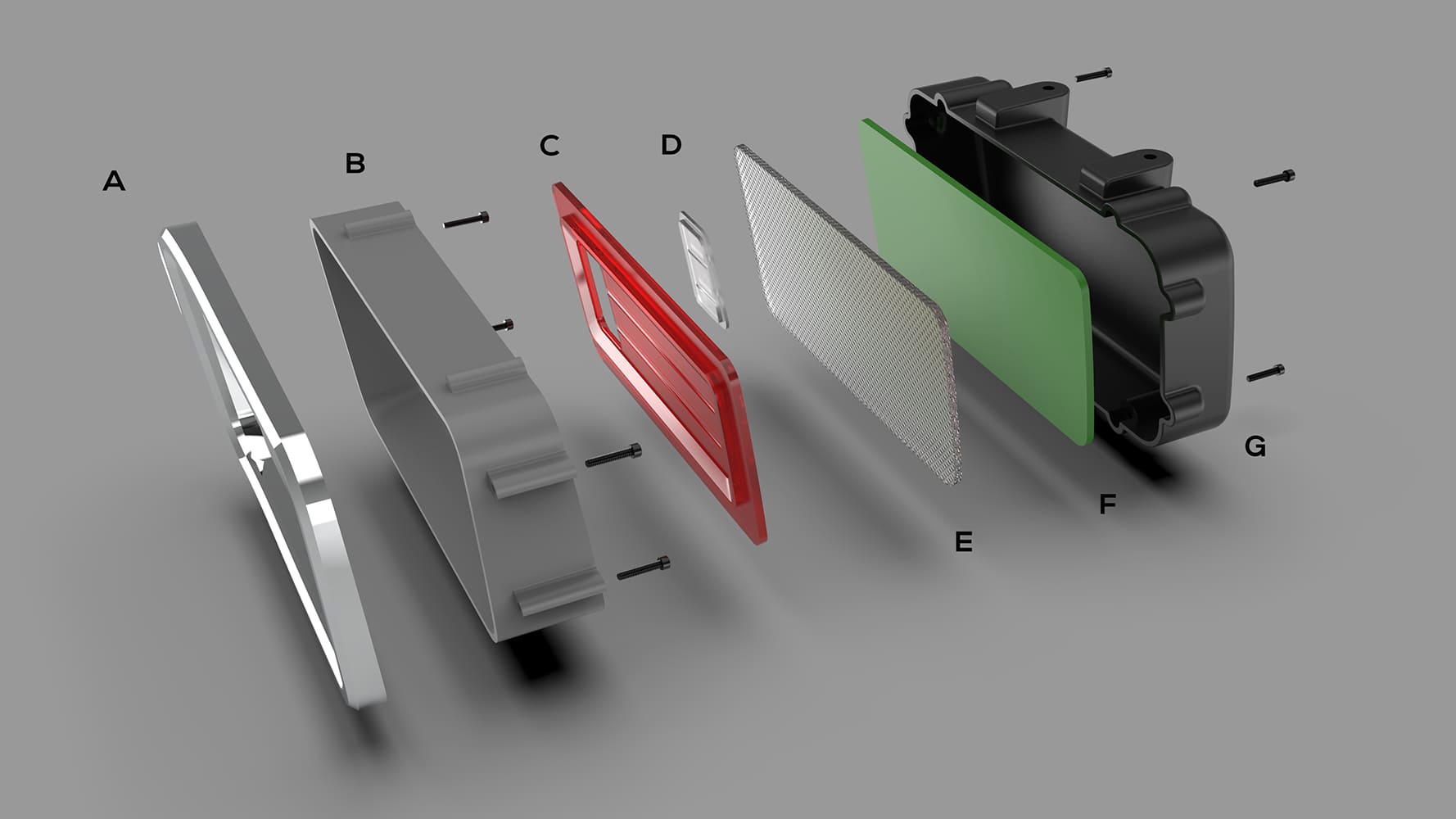 21 Exploded CAD view of custom taillight assembly for 1970 Chevelle with labeled components A–G