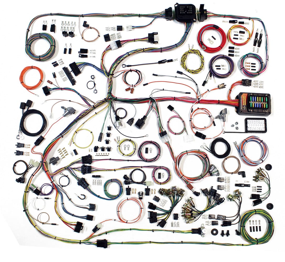 21 Full American Autowire Highway 22 harness laid out color coded for routing to dash engine and lighting zones