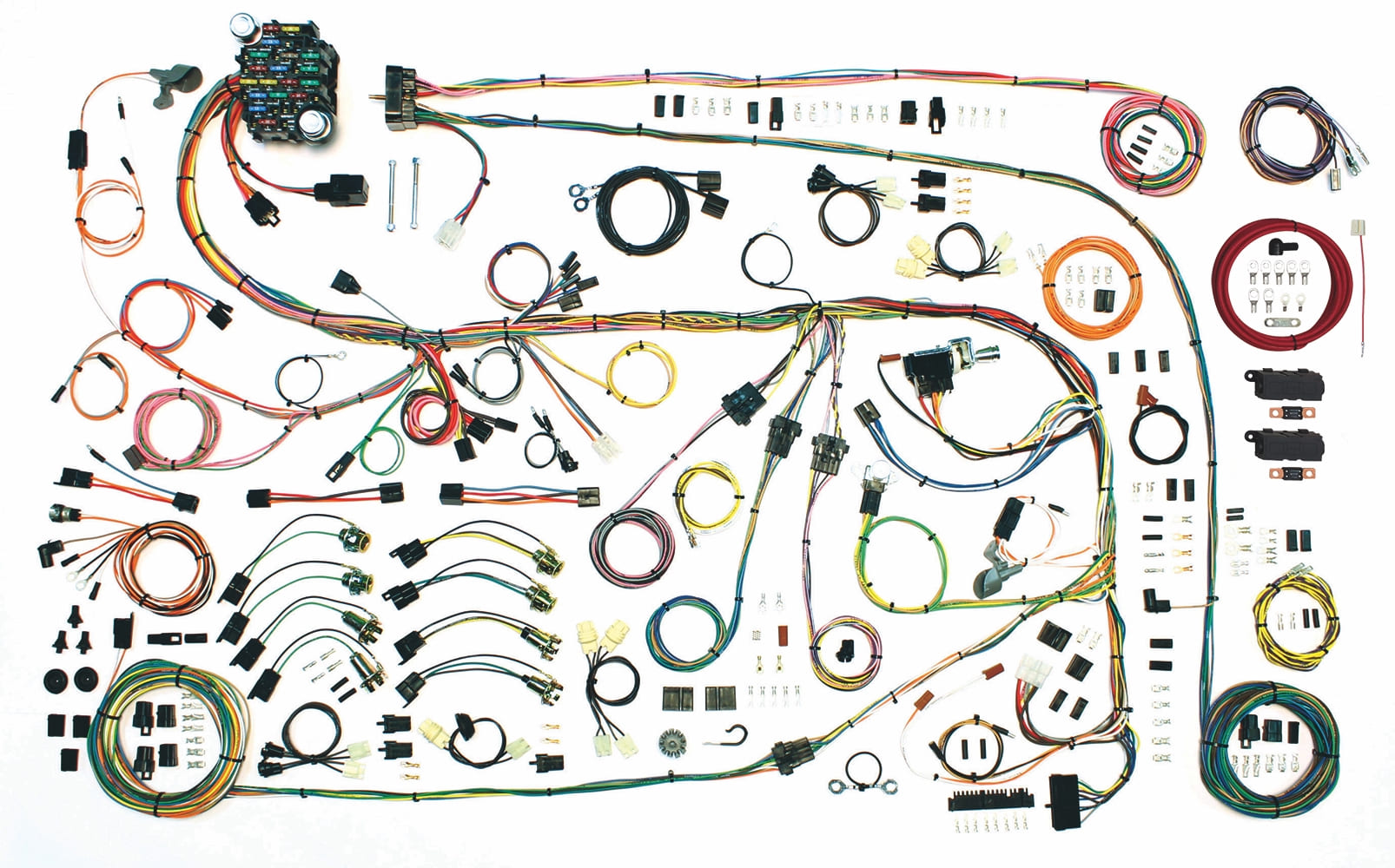 22 American Autowire Classic Update kit organized by circuit featuring fuse block ignition lighting and accessory wiring