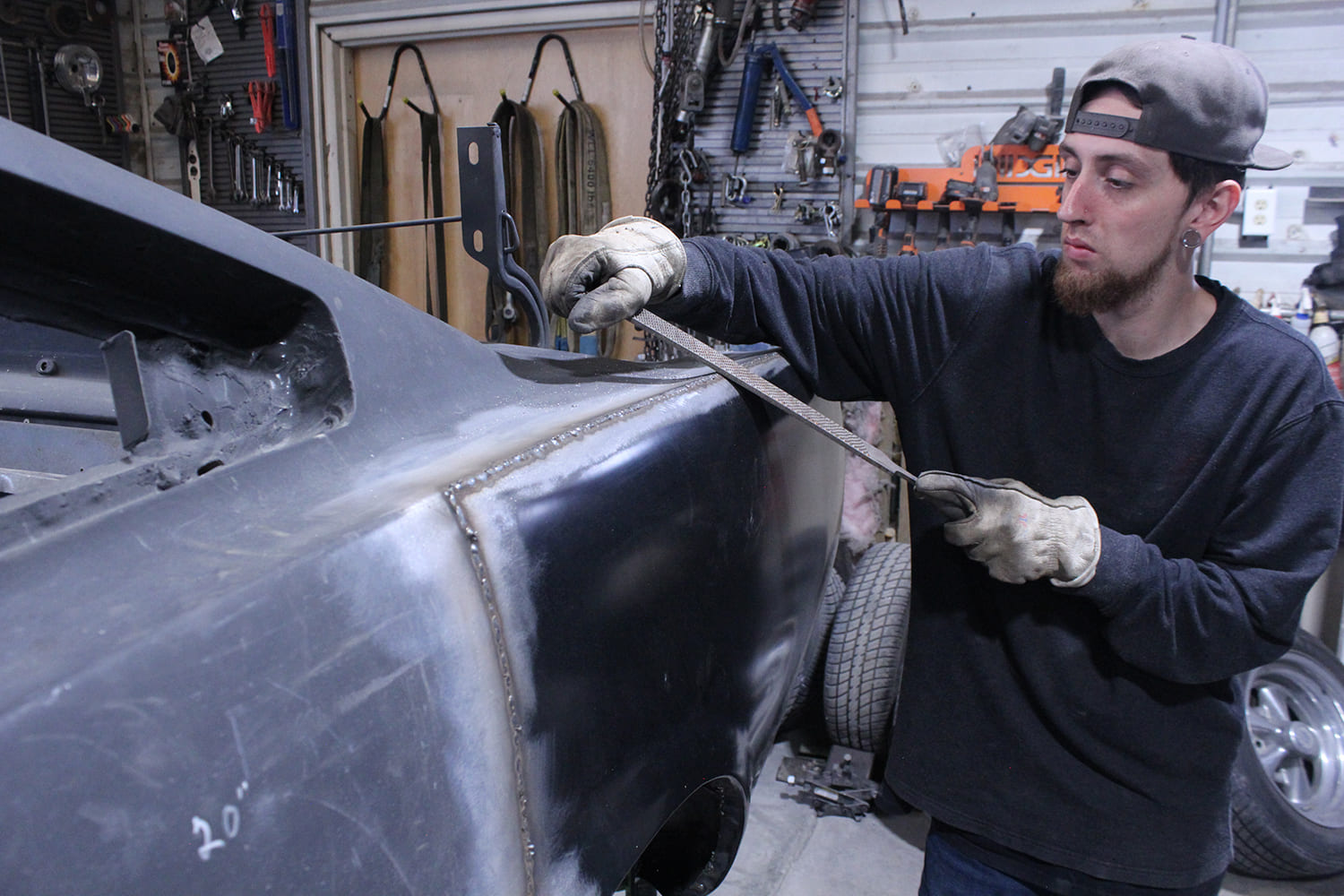 22 filing welds on 1965 mustang quarter panel for flush finish