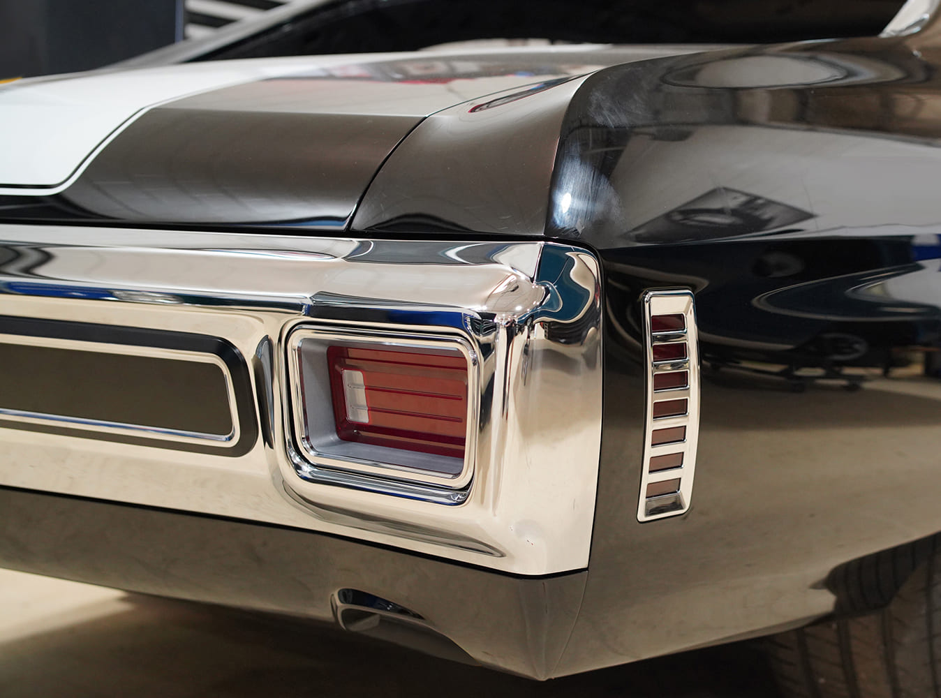 24 Finished 1970 Chevelle rear end showing installed custom taillight and billet side marker