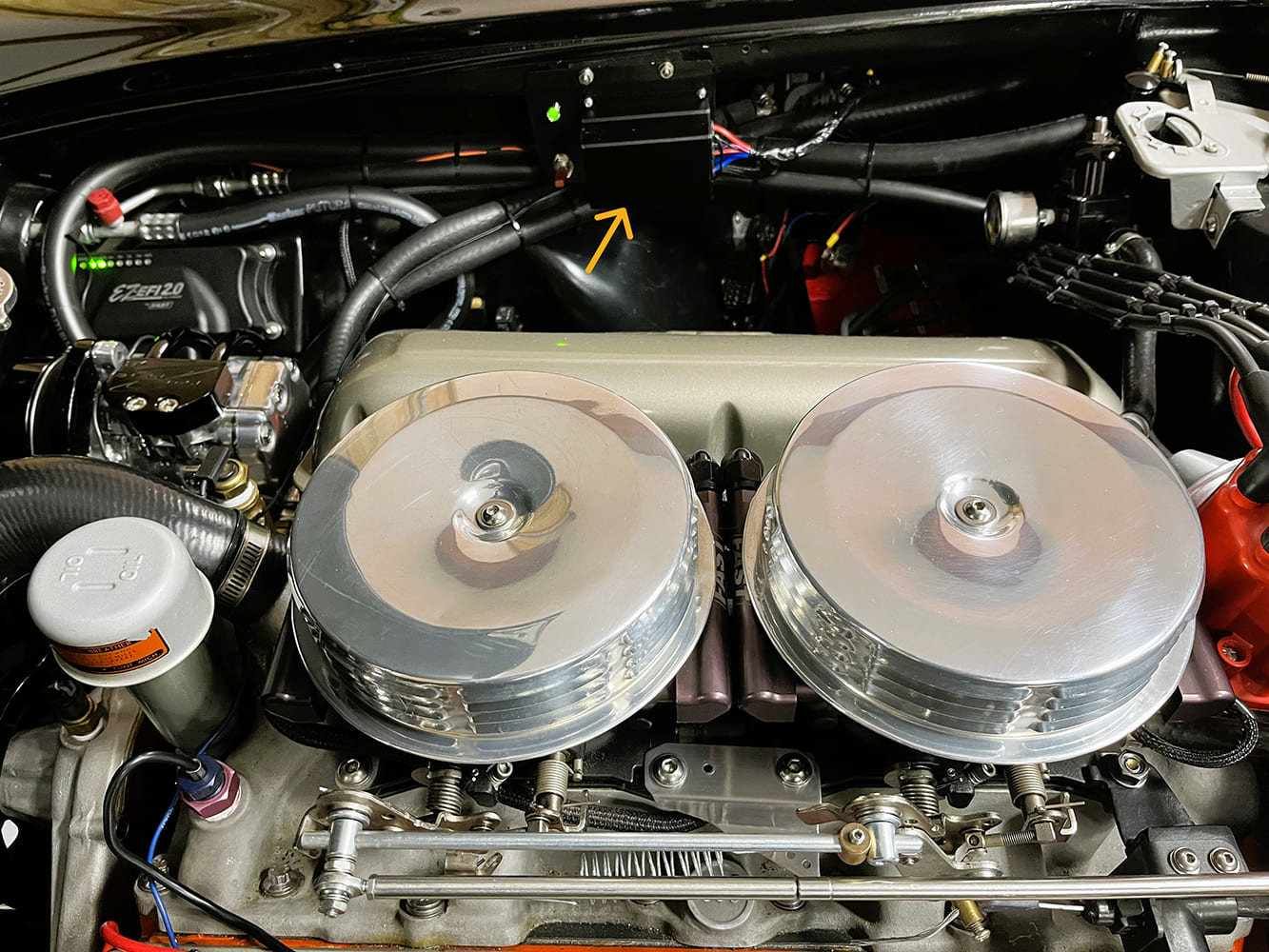 24 Proform controller cleanly installed in classic Corvette engine bay with EZ EFI system