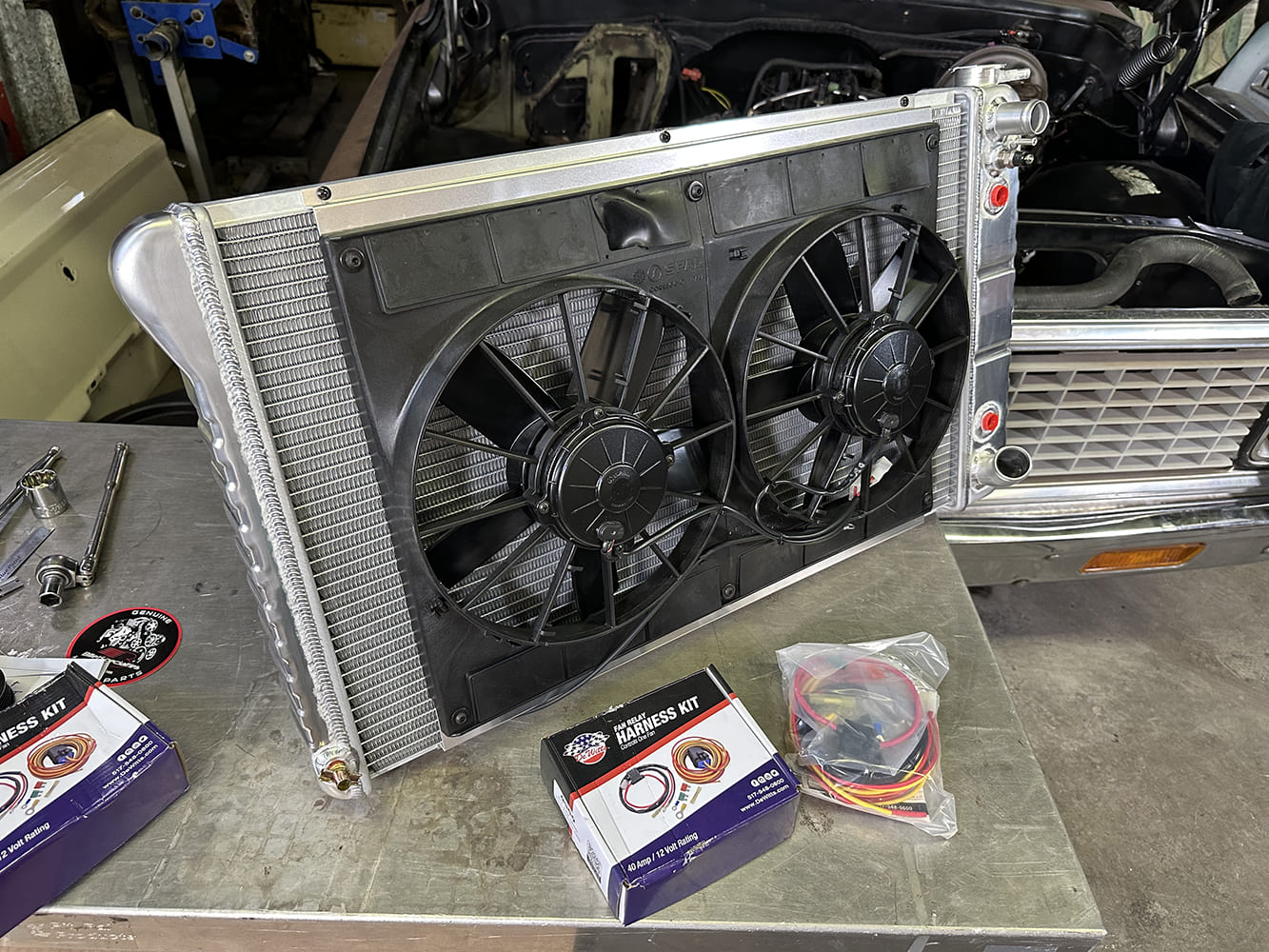 32 Aluminum dual fan radiator assembly prepped with dual Dakota Digital fan harness kits