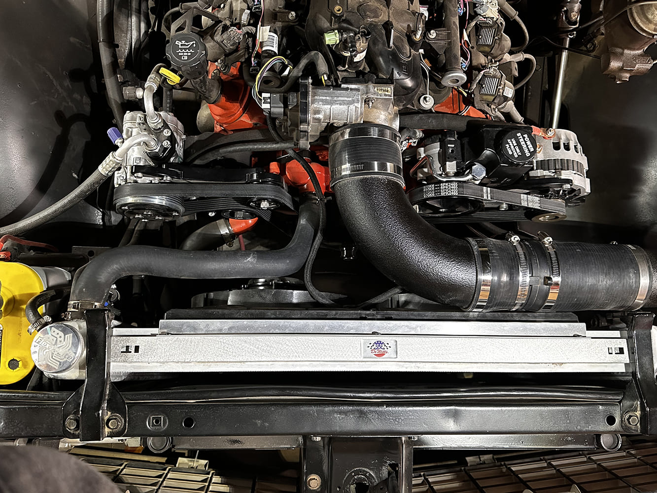 35 Fully assembled engine bay featuring LS swap and American made aluminum radiator