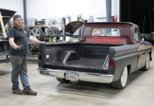 00 Patina C10 with bed removed prepped for steel bed floor conversion in a workshop setting