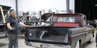 00 Patina C10 with bed removed prepped for steel bed floor conversion in a workshop setting