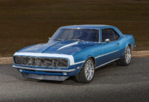 001 1968 Chevy Camaro RS restomod blue white stripe custom wheels