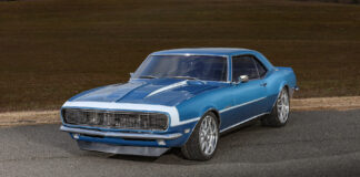 001 1968 Chevy Camaro RS restomod blue white stripe custom wheels