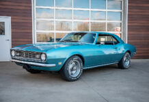 001 1968 Chevy Camaro in LeMans Blue with 350 badging and rally wheels sits in original condition