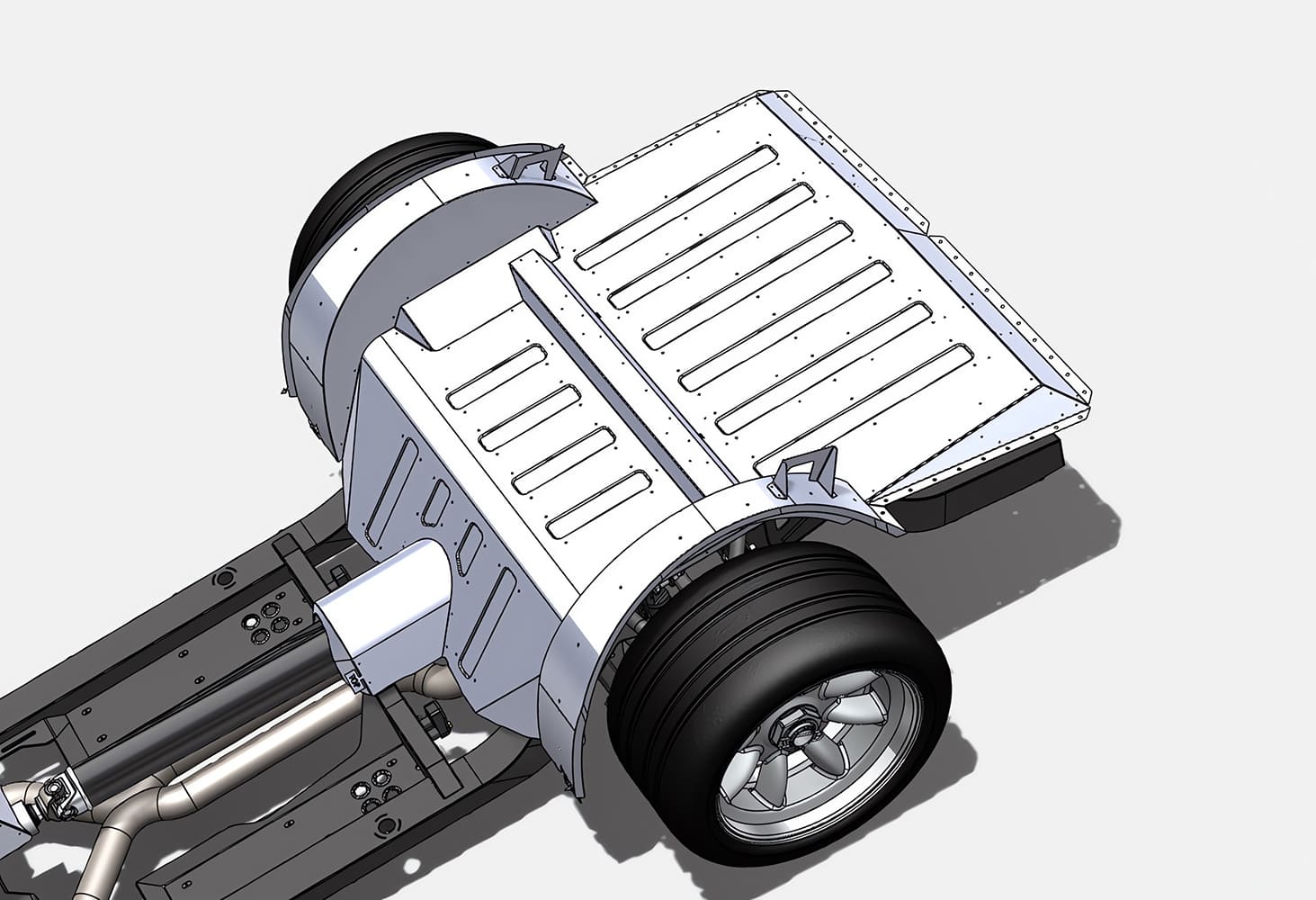 006 1968 Camaro custom trunk floor design shown in 3D CAD mockup with mini tub clearance