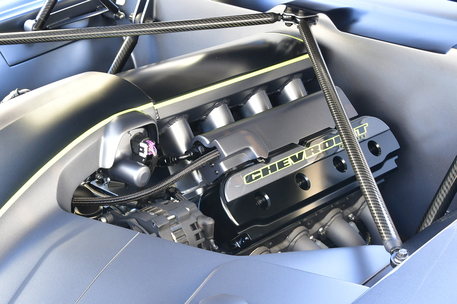 007 1968 Chevy Nova LS engine swap with carbon fiber supports and neon highlights
