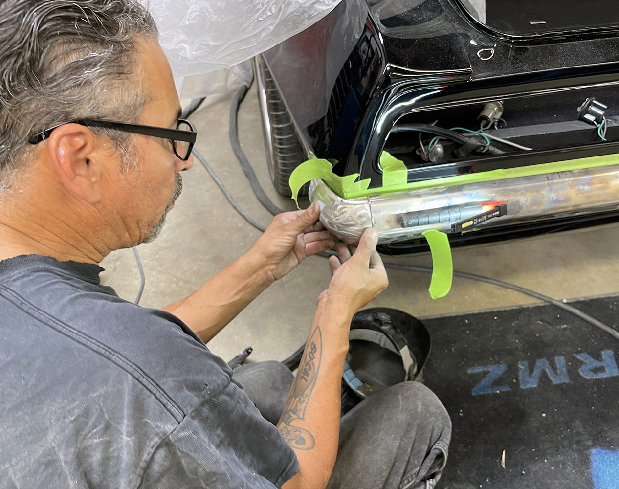 008 1969 Camaro bumper corner precisely positioned before tack welding to the main bumper