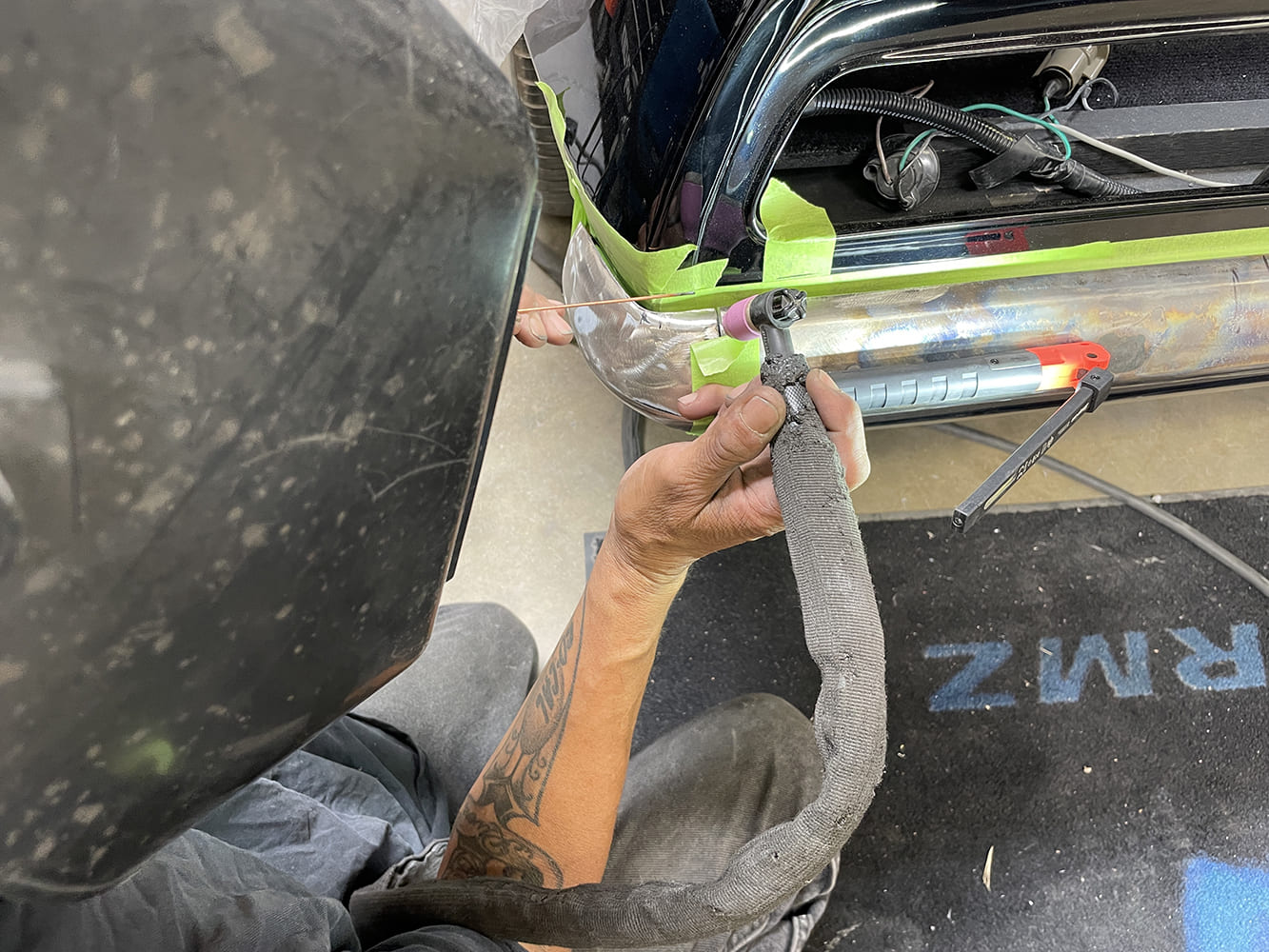 009 1969 Camaro bumper corner TIG welded to main bar for a clean tucked rear appearance