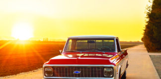 01 1972 Chevy C10 front view sunset red white chrome grille LED headlights custom bumper