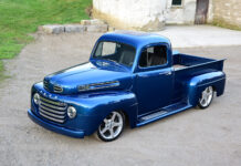 01 Custom shaved hood and billet grille on 1950 Ford F1 in high gloss blue show quality finish