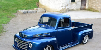 01 Custom shaved hood and billet grille on 1950 Ford F1 in high gloss blue show quality finish