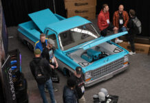 01 Mobile Tech Expo 2025 custom turquoise Chevy C10 bagged supercharged LS build indoor showcase