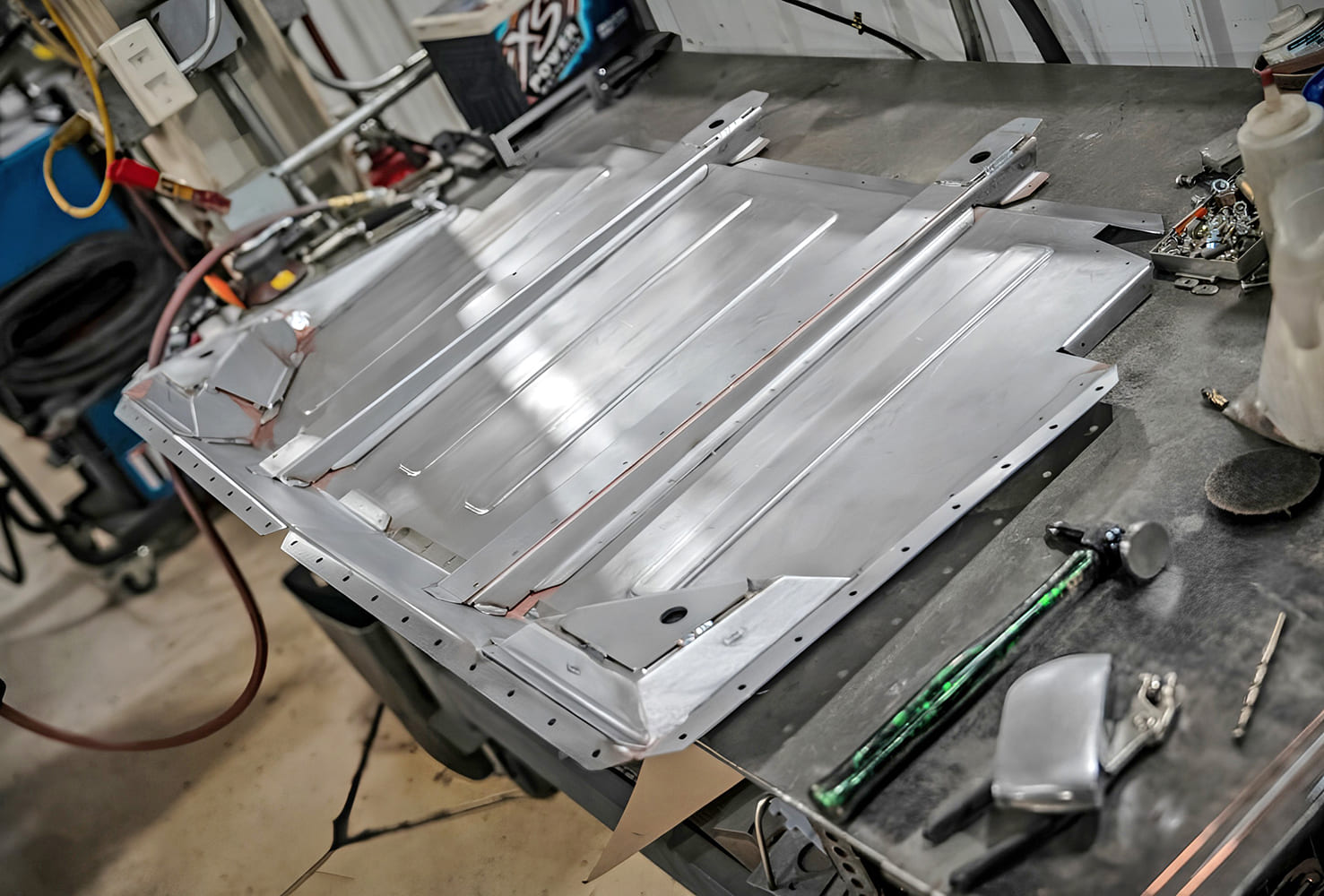 013 1968 Camaro rear pan nearing final assembly with support structures tacked in place